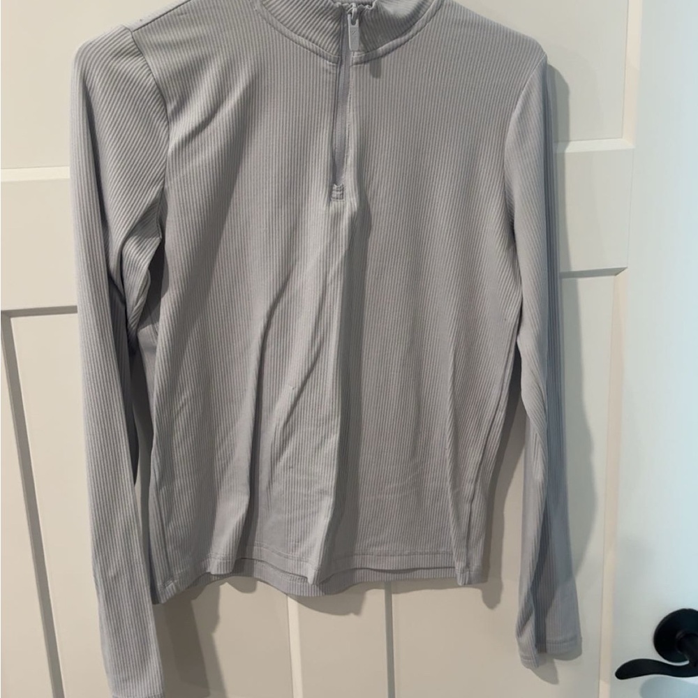 Light Gray Ribbed Zip-Up Top